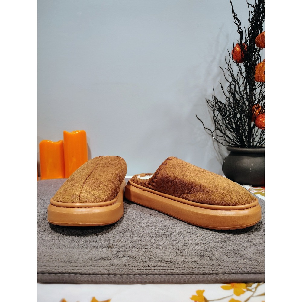 Tan Brown Platform Slippers Faux Fur Lined Whipstitch Slip On Shoes EU 38-39